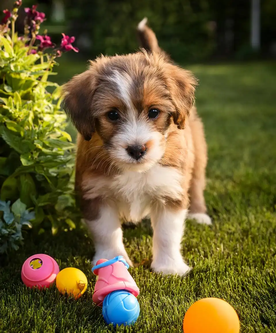 Petit chien dans un jardin
